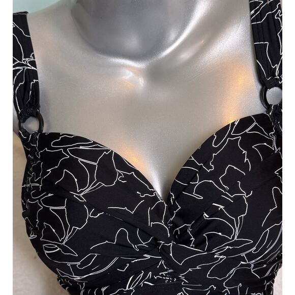 DKNY Twist Tummy Control One Piece Swimsuit Size XL Black White Floral Wireless - Picture 3 of 7